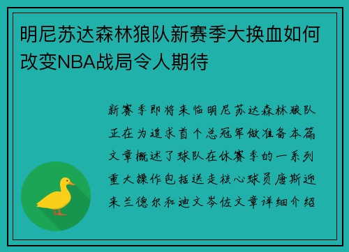 明尼苏达森林狼队新赛季大换血如何改变NBA战局令人期待
